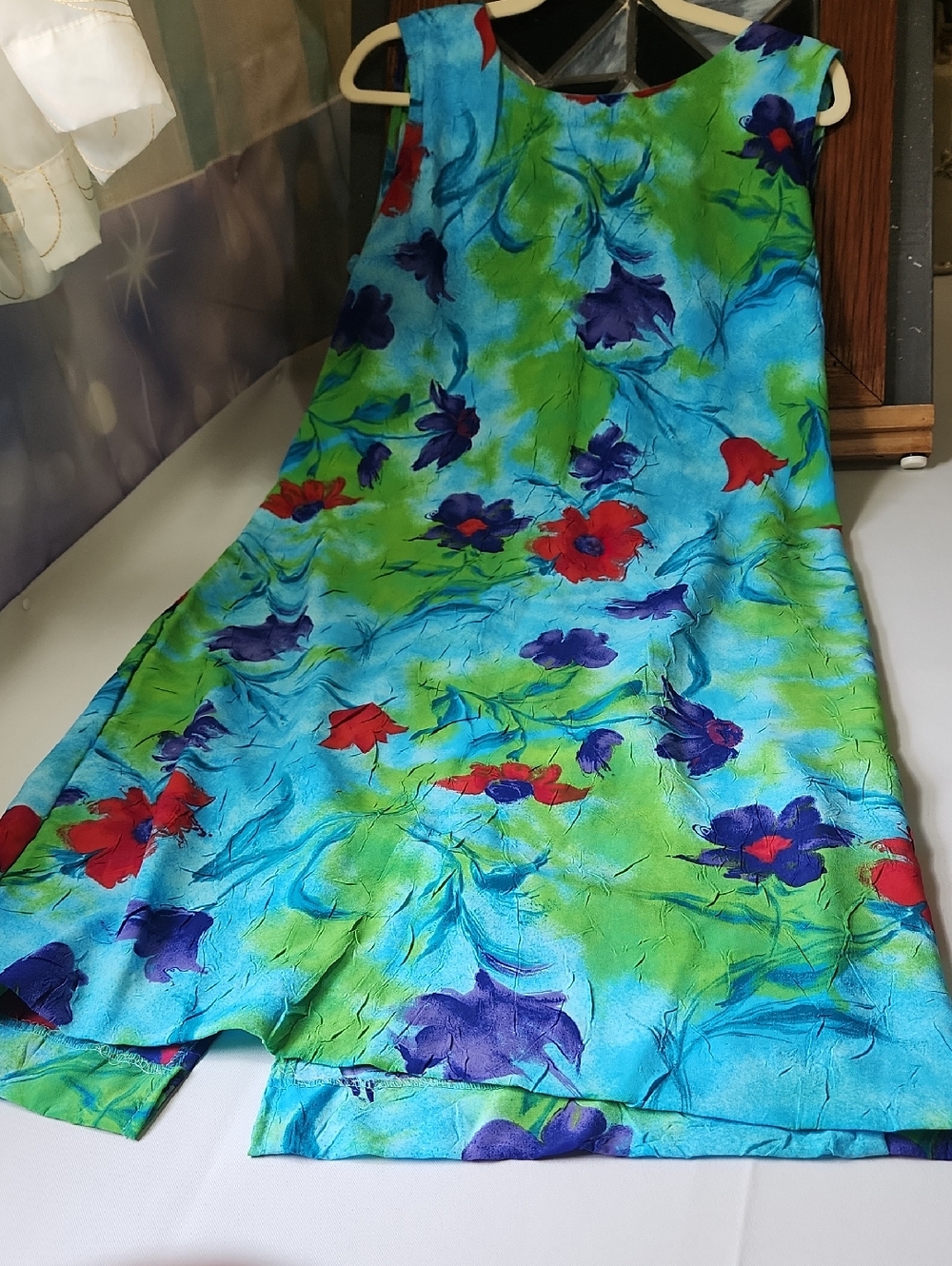 Blue & Green Floral Midi Dress with Red & Purple Blooms